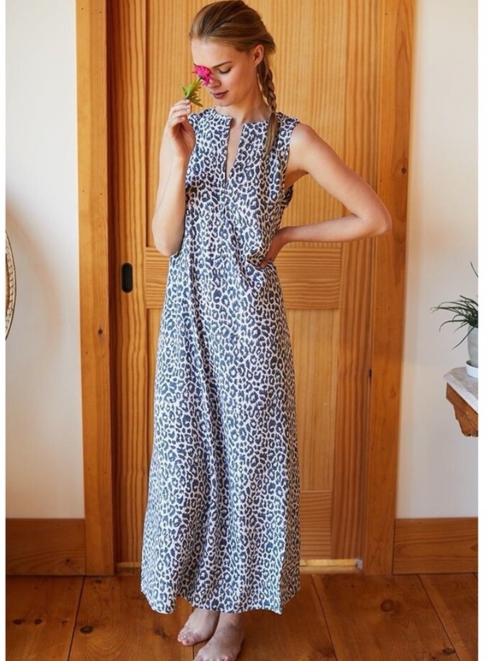 Emerson Fry Organic Cotton Caftan Maxi Dress Grey Leopard Print Size L